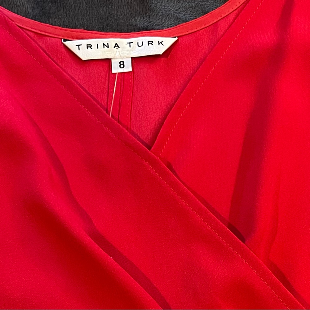 Trina Turk cold-shoulder midi dress. Balloon sleeves. Red. 8. Party, cocktail - Picture 8 of 11